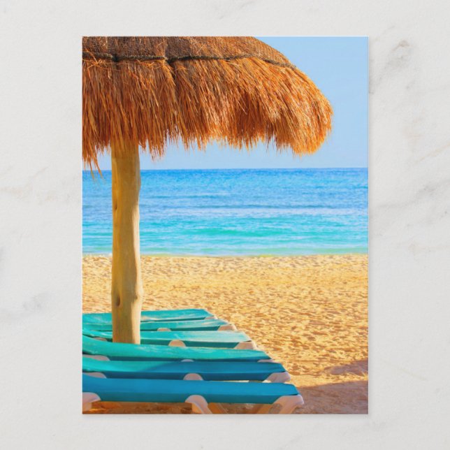 Carte Postale Cabine D'Herbe Et Transats Sur La Plage (Devant)