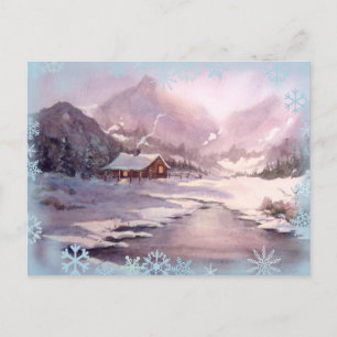 Carte Postale CABINE D'HIVER & FLAKES DE NEIGE par SHARON SHARPE