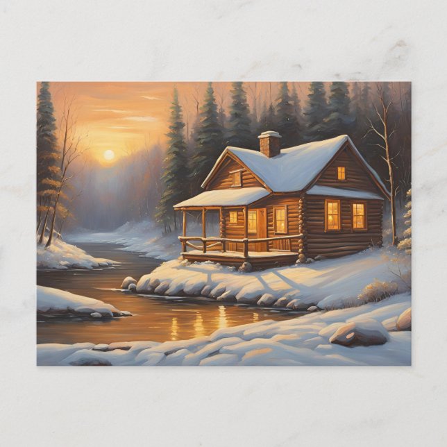 Carte Postale Cabine rustique en bois dans la forêt d'hiver (Devant)