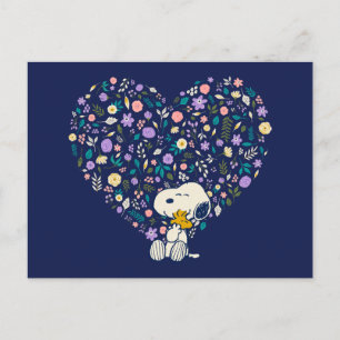 Carte Postale Cacahuètes en fleurs   Snoopy et Woodstock cœur