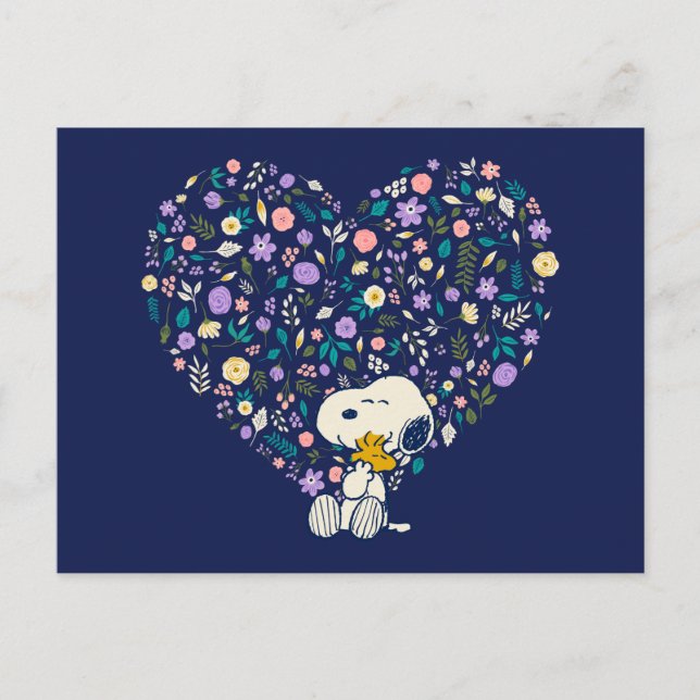 Carte Postale Cacahuètes en fleurs | Snoopy et Woodstock cœur (Devant)