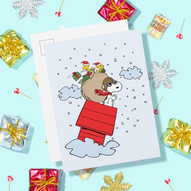 Carte Postale cacahuètes | Snoopy l'As Volant à Noël (Card on table)