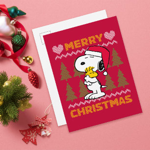 Carte Postale cacahuètes Snoopy & Woodstock Santa Claus Hug