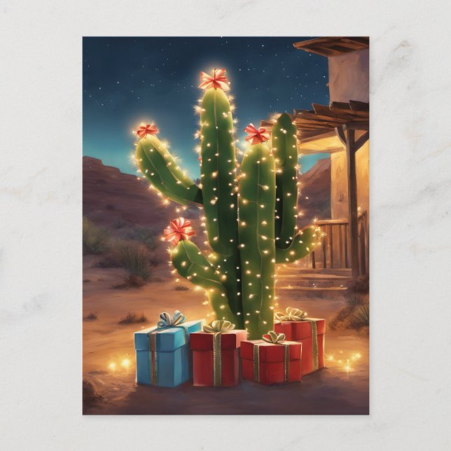 Carte Postale Cactus De Noël Avec Présents Devant Une Maison (Devant)