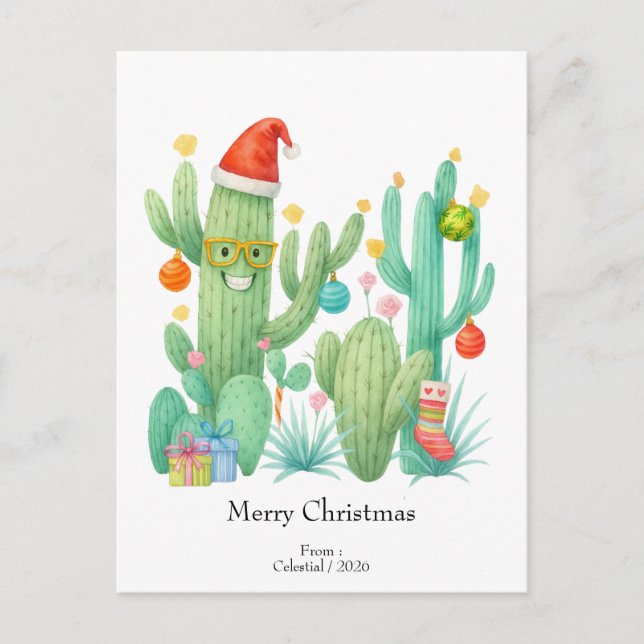 Carte Postale Cactus de Noël Festif avec chapeau et ornement (Devant)