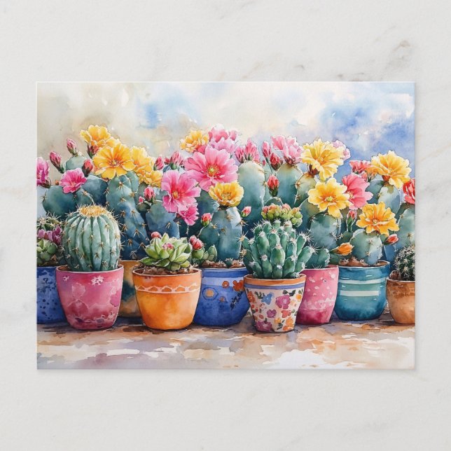 Carte Postale Cactus et fleurs d'aquarelle de printemps (Devant)