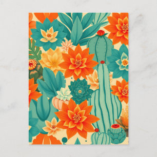 Carte Postale Cactus fleuri désert orange sarcelle