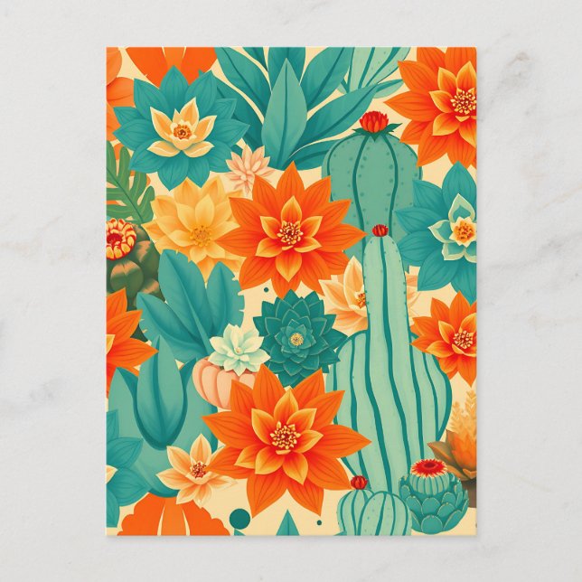 Carte Postale Cactus fleuri désert orange sarcelle (Devant)
