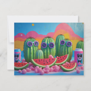 Carte Postale Cactus funky avec lunettes de soleil, pastèque et