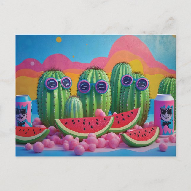 Carte Postale Cactus funky avec lunettes de soleil, pastèque et  (Devant)