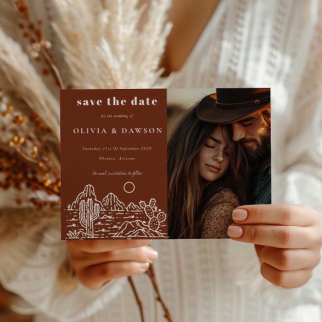 Carte Postale Cactus Line Art Desert Photo Enregistrer la date (Créateur téléchargé)