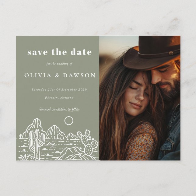 Carte Postale Cactus Line Art Desert Photo Enregistrer la date (Devant)