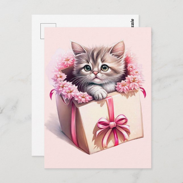 Carte Postale Cadeau d'anniversaire adorable chaton dans une boî (Devant / Derrière)