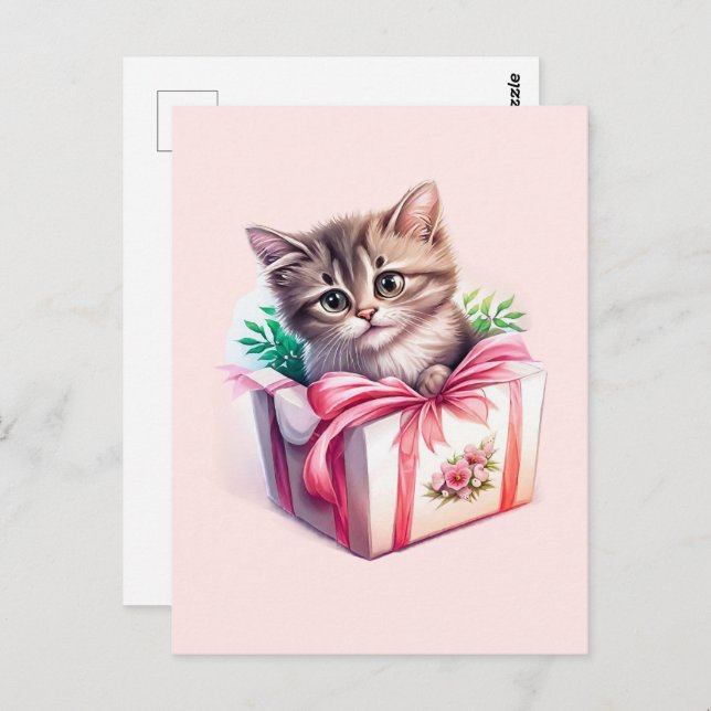 Carte Postale Cadeau d'anniversaire de chaton mignon dans une bo (Devant / Derrière)
