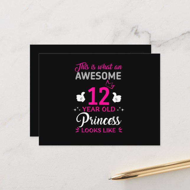 Carte Postale Cadeau d'anniversaire pour fille princesse de 12 a (Devant/Arrière en situation)