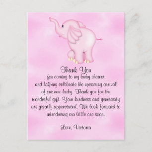 Carte Postale Cadeau de Baby Shower Merci Fille Éléphant