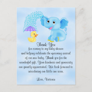 Carte Postale Cadeau de Baby Shower Merci Garçon Éléphant