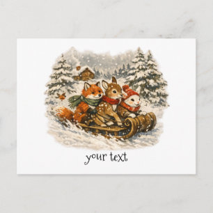 Carte Postale Cadeau de traîneau d'animaux de la forêt de Noël n