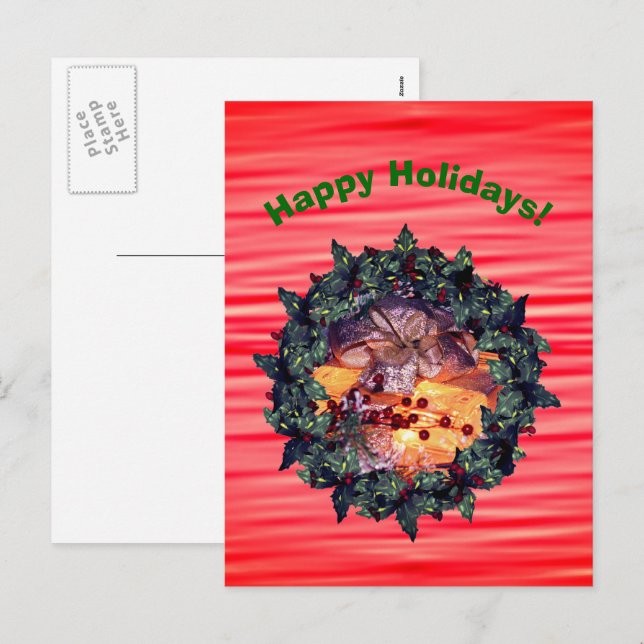 Carte postale cadeau Gold Bow Wreath Christmas Hol (Devant / Derrière)