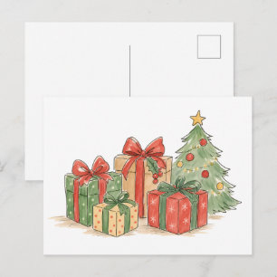 Carte Postale Cadeaux de Noël empilés avec arbre pour le cadeau