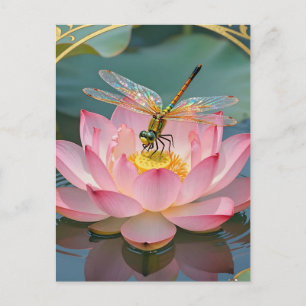Carte Postale Cadre Art Nouveau Libellule Élégante Fleur de Lotu
