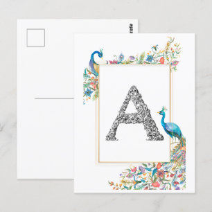 Carte Postale Cadre avec aquarelle paons et fleurs - A