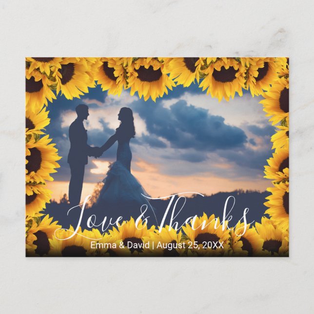 Carte Postale Cadre de tournesol rustique Mariage Photo Merci (Devant)