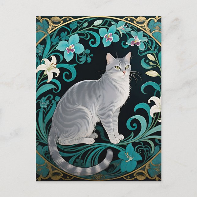 Carte Postale Cadre floral orné chat gris (Devant)
