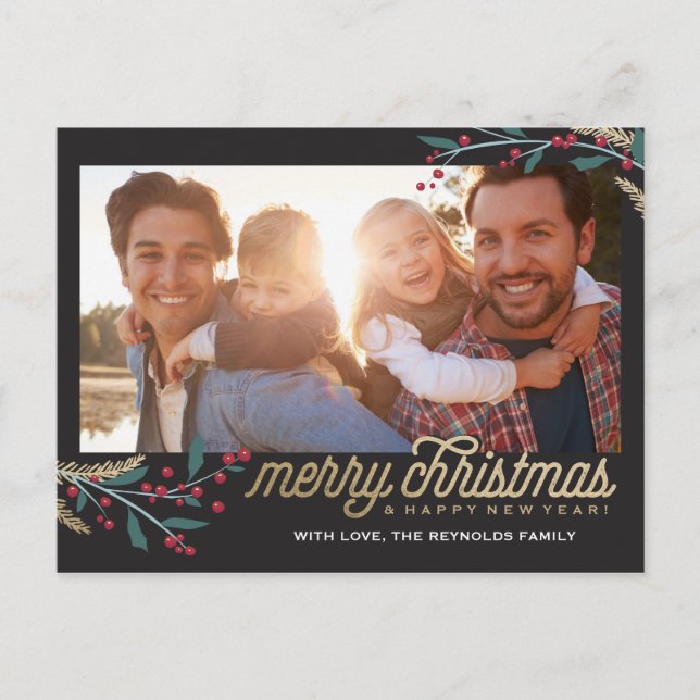 Carte Postale Cadre photo Gold Red Berries | Joyeux Noël (Devant)