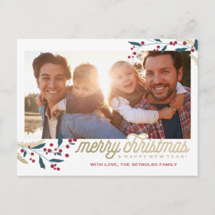 Carte Postale Cadre photo Gold Red Berries   Joyeux Noël