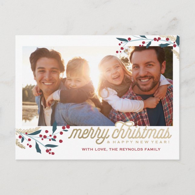 Carte Postale Cadre photo Gold Red Berries | Joyeux Noël (Devant)