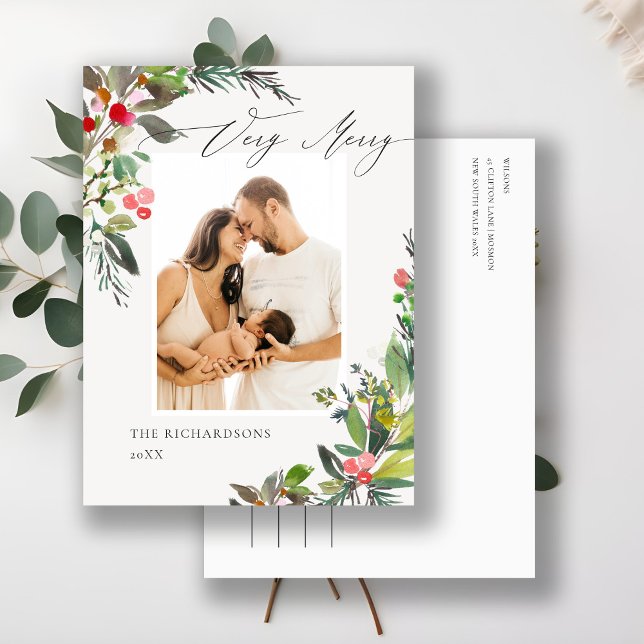 Carte Postale Cadre photo Très Joyeux Noël Holly Berry Pine (Créateur téléchargé)