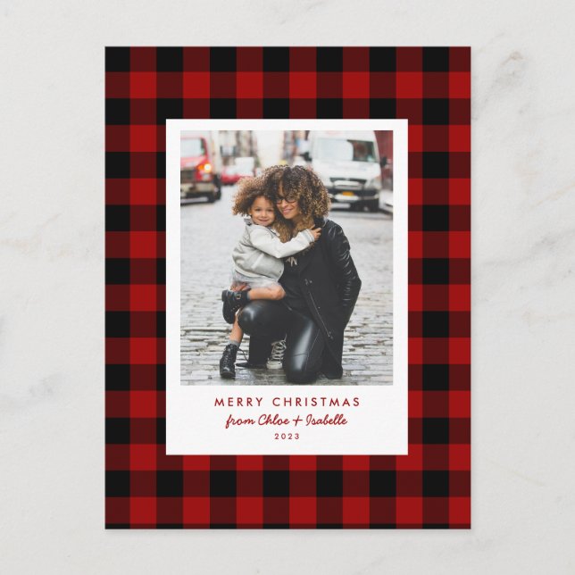 Carte Postale Cadre simple Buffle rouge Plaid Photo de Noël (Devant)