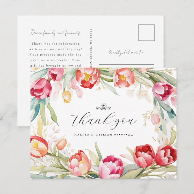 Carte Postale cadre tulipes aquarelle mariage merci (Devant / Derrière)