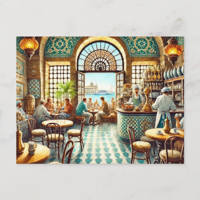 Carte Postale Café à Alexandrie Egypte Aquarelle Peinture (Devant)