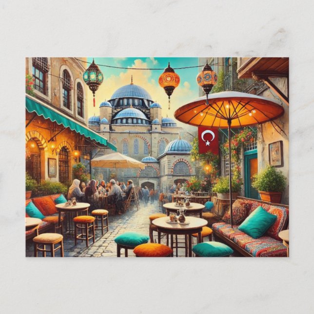 Carte Postale Café à Istanbul aquarelle peinture (Devant)