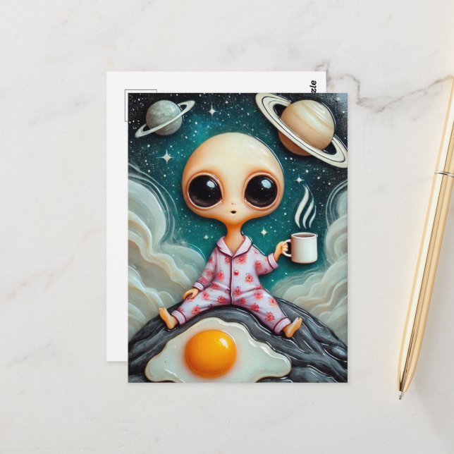 Carte Postale Café Alien avec oeuf et café assis sur le rocher (Devant/Arrière en situation)