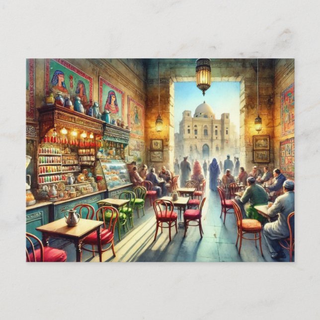 Carte Postale Café au Caire Egypte Aquarelle Peinture (Devant)