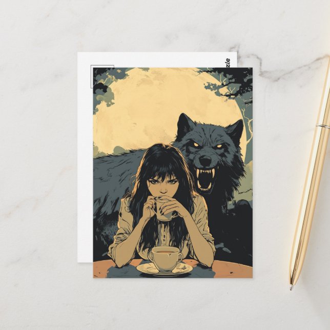 Carte Postale Café avec le loup (Devant/Arrière en situation)
