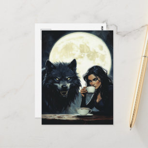 Carte Postale Café avec le loup pendant une pleine lune