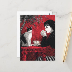 Carte Postale Café avec un chat Noir Blanc Rouge