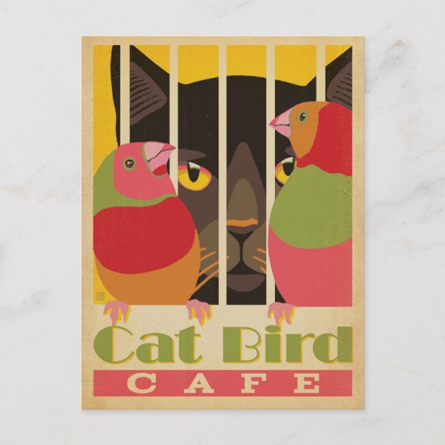 Carte Postale Café Cat Bird (Devant)