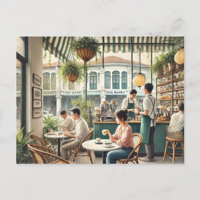 Carte Postale Café en peinture aquarelle à Singapour (Devant)