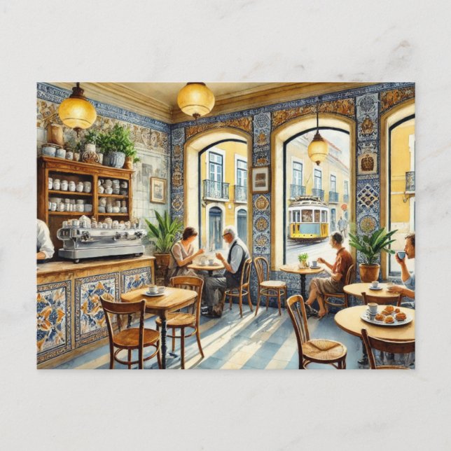 Carte Postale Café en tramway jaune Lisbonne Aquarelle (Devant)