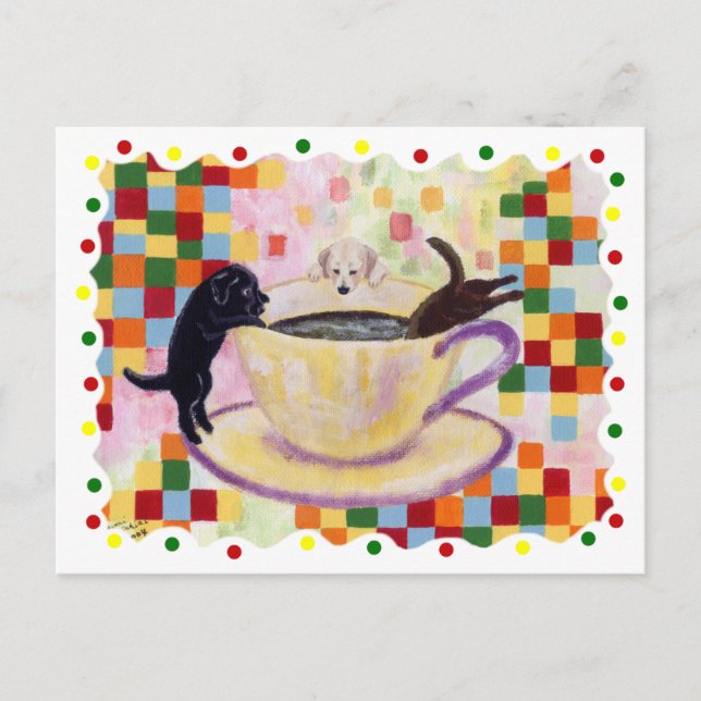 Carte Postale Café Labradors Peinture avec points colorés (Devant)