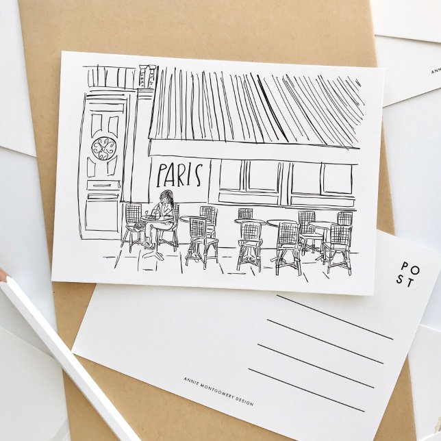 Carte postale Café Paris noir et blanc (Black and white sketch Paris travel postcard.)