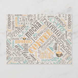 Carte Postale Café sur Burlap Word Cloud Turquoise ID283