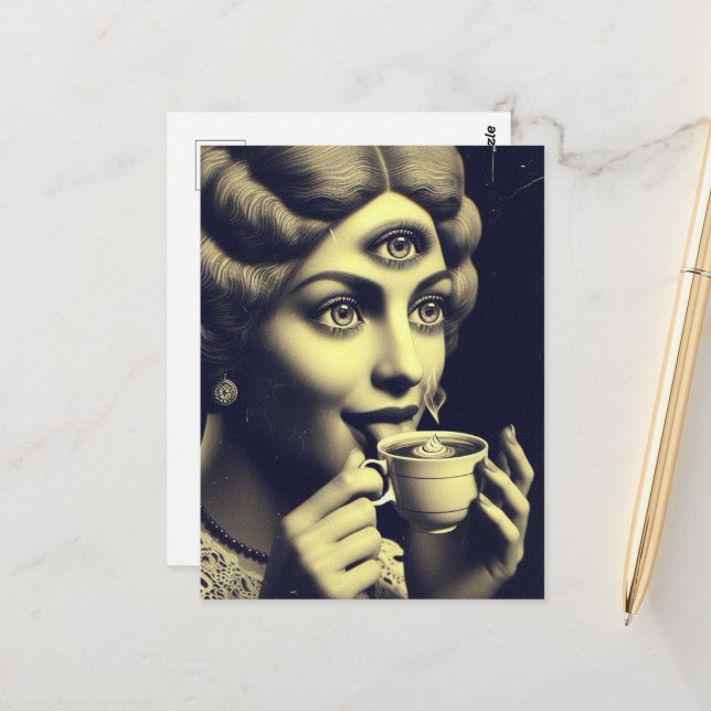 Carte Postale Café surréaliste du matin (Devant/Arrière en situation)