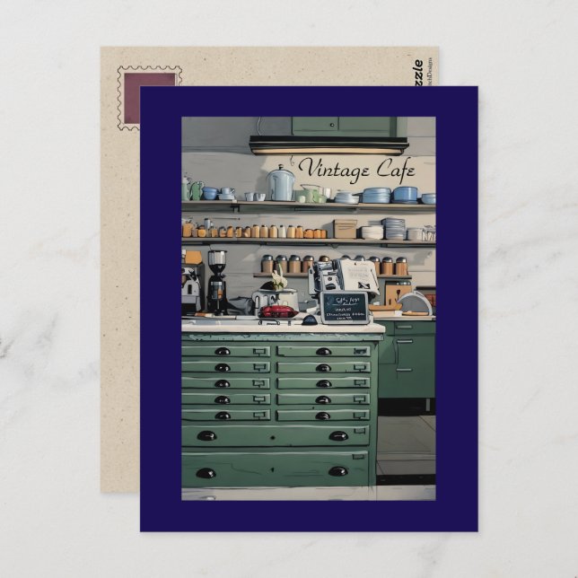 Carte Postale Cafe Vintage Café Bleu Vert Personnel  (Devant / Derrière)