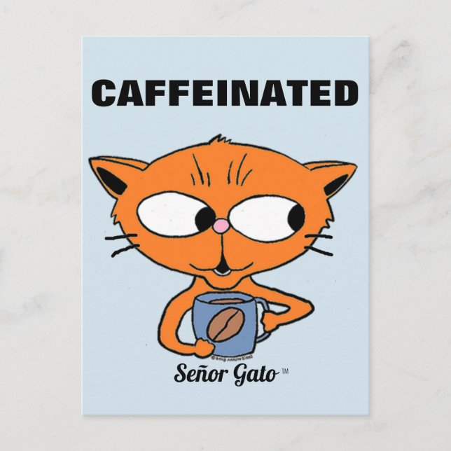 Carte Postale "CAFFEINÉ" Señor Gato avec mug à café (Devant)